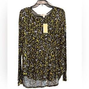 Michael Kors NWT Green and Yellow Camo Long Sleeve Blouse, front pocket